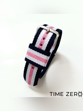 New Women’s Pink/White/Blue Ribbed Nylon NATO Watch Strap (CLEARANCE)